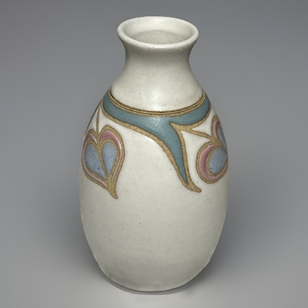 Hand Crafted Ceramic Vase Blue Pink Heart Design Matte Glaze Unique Art Pottery - Picture 3 of 8
